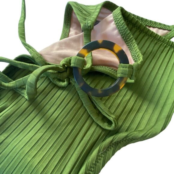 J Crew Canteen Green Wide Rib Tortoiseshell Ring String Bikini Bottom Sz S NWT - Picture 6 of 12